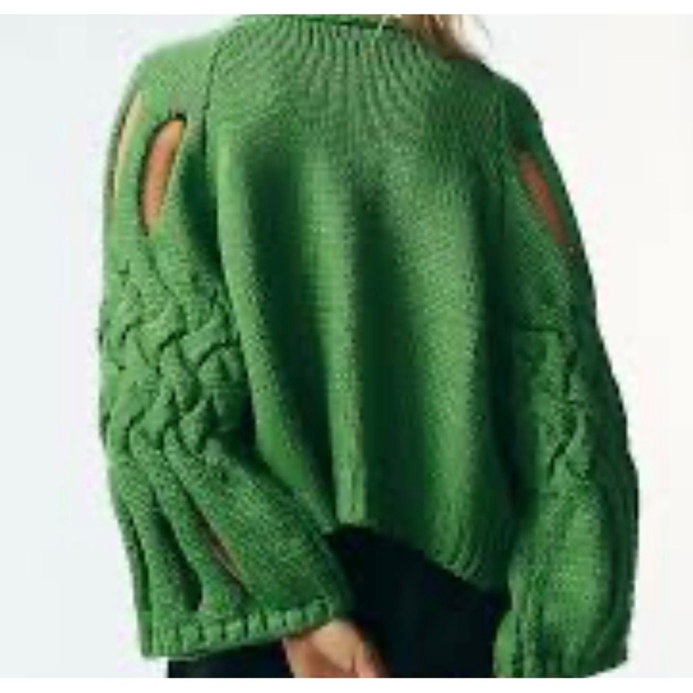 Maeve by Anthropologie Green Chunky Knit Cut Out Braided Cardigan Sweater OS